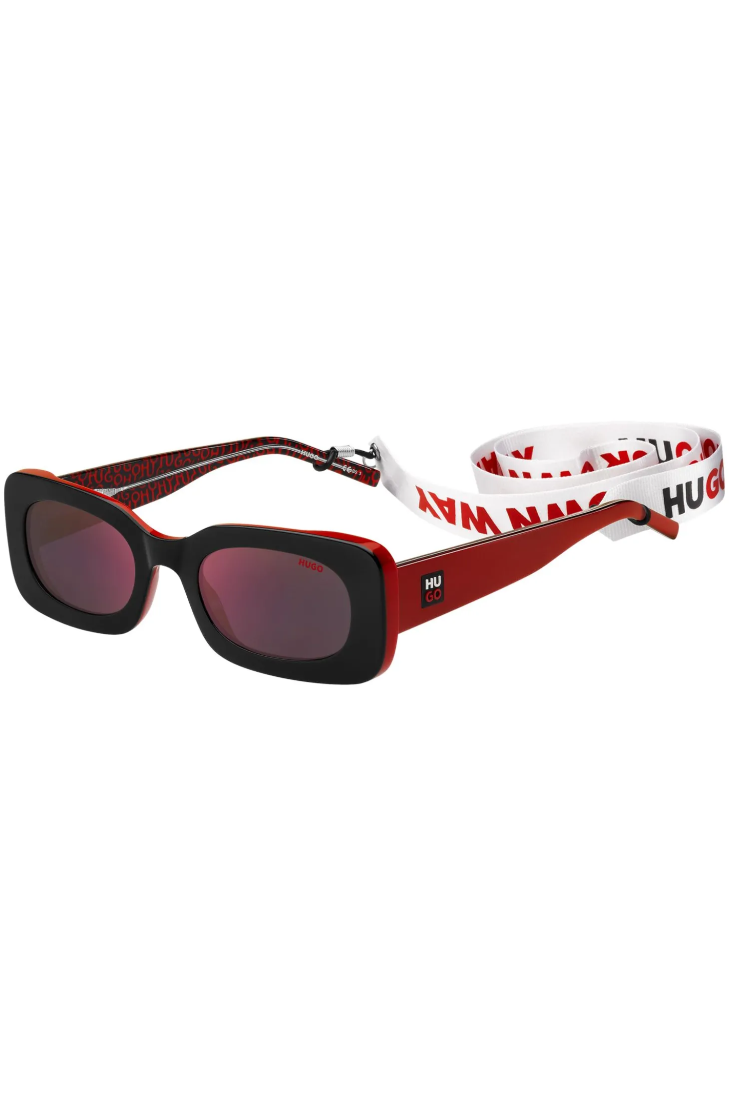 Rot-schwarze Acetat-Sonnenbrille mit abnehmbarem Slogan-Riemen