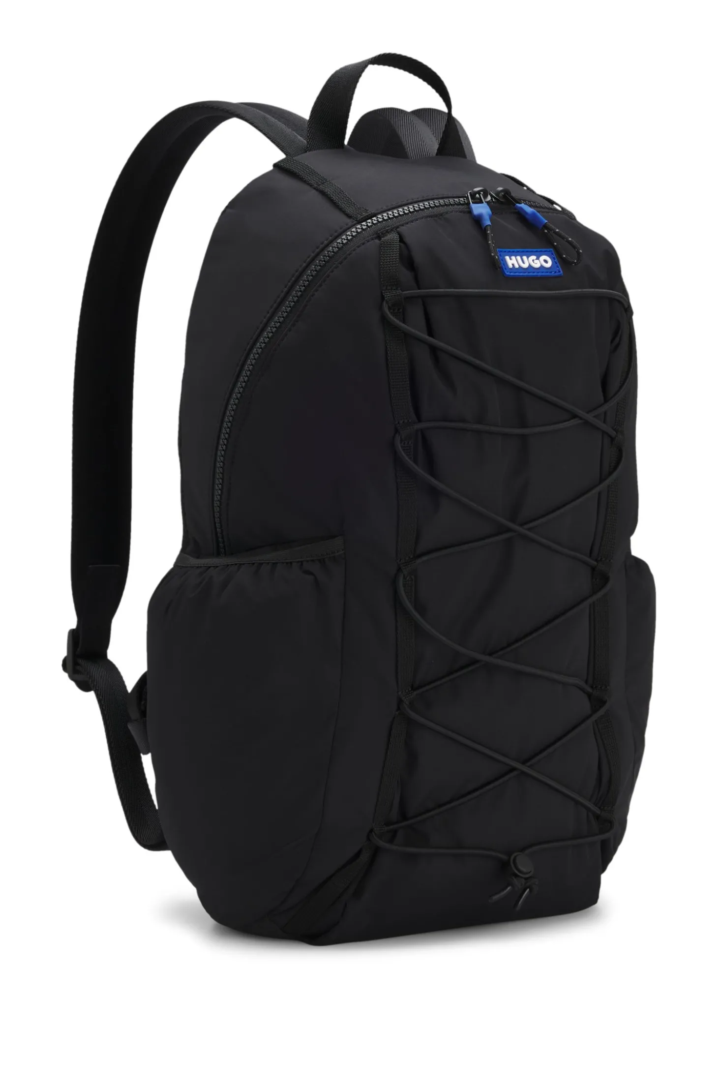 Rucksack mit blauem Logo-Aufnäher aus Gummi