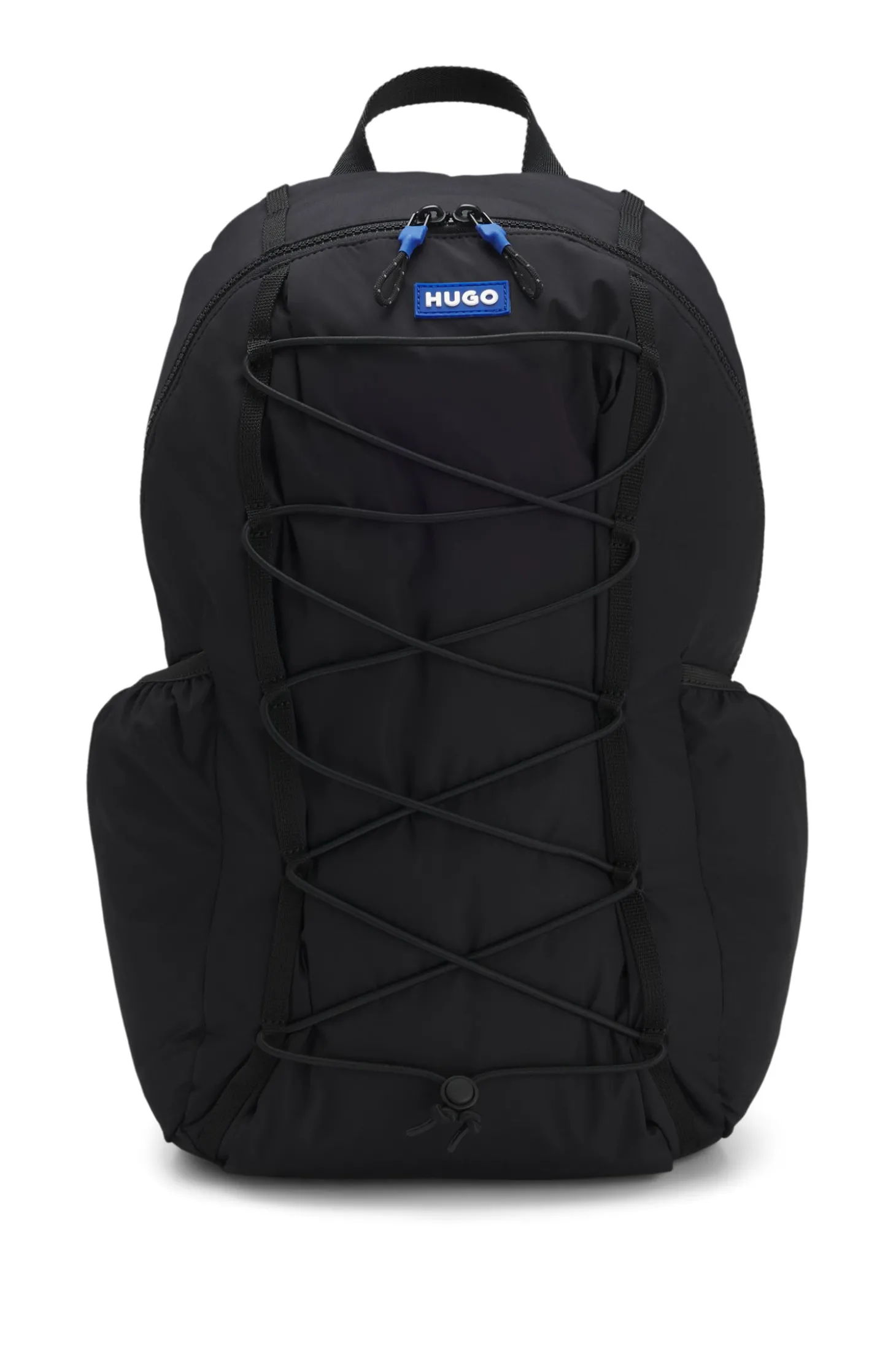 Rucksack mit blauem Logo-Aufnäher aus Gummi