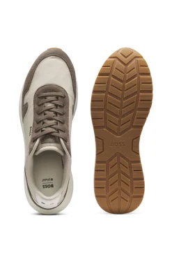 Schnür-Sneakers aus leichtem Gewebe mit Veloursleder-Details
