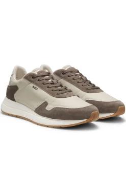 Schnür-Sneakers aus leichtem Gewebe mit Veloursleder-Details