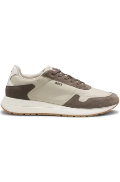 Schnür-Sneakers aus leichtem Gewebe mit Veloursleder-Details