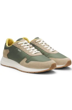 Schnür-Sneakers aus leichtem Gewebe mit Veloursleder-Details