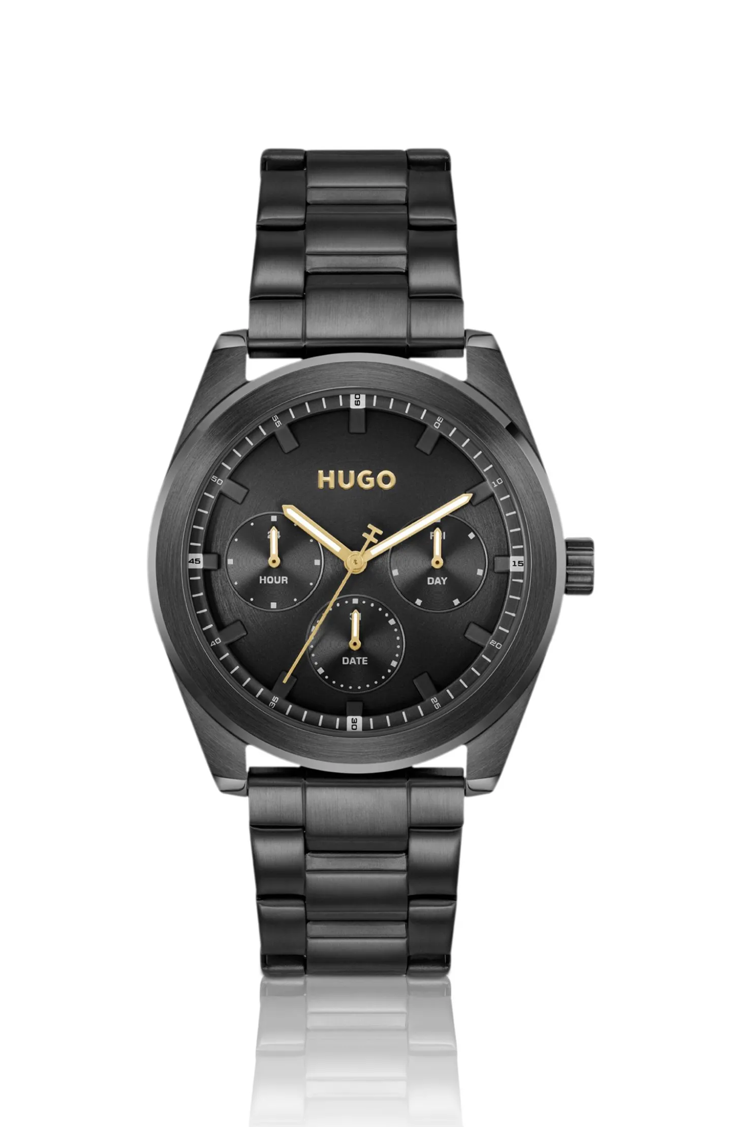 Schwarz beschichtete Uhr mit tonalem Zifferblatt und Gliederarmband