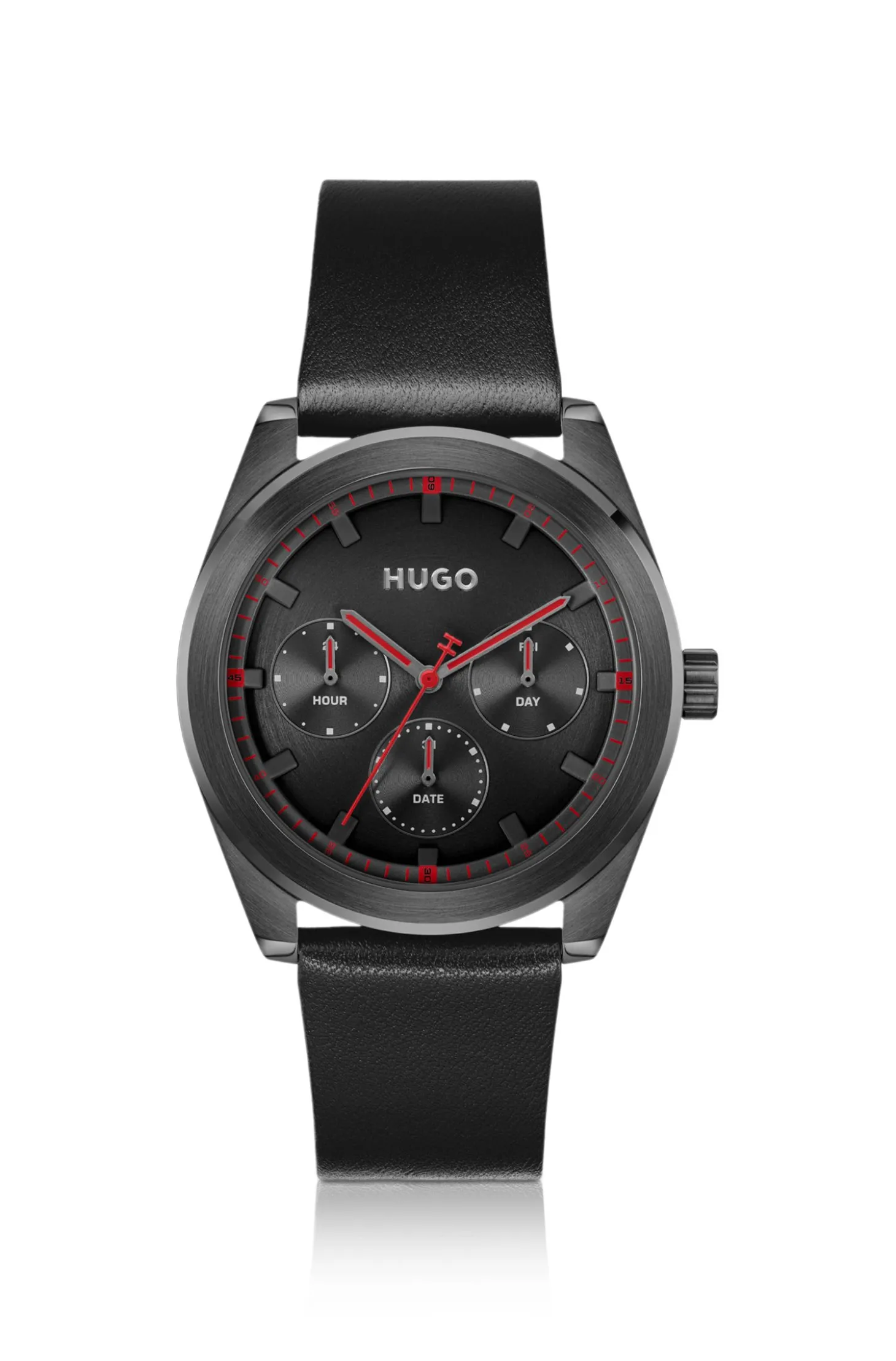 Schwarze beschichtete Uhr mit tonalem Lederarmband