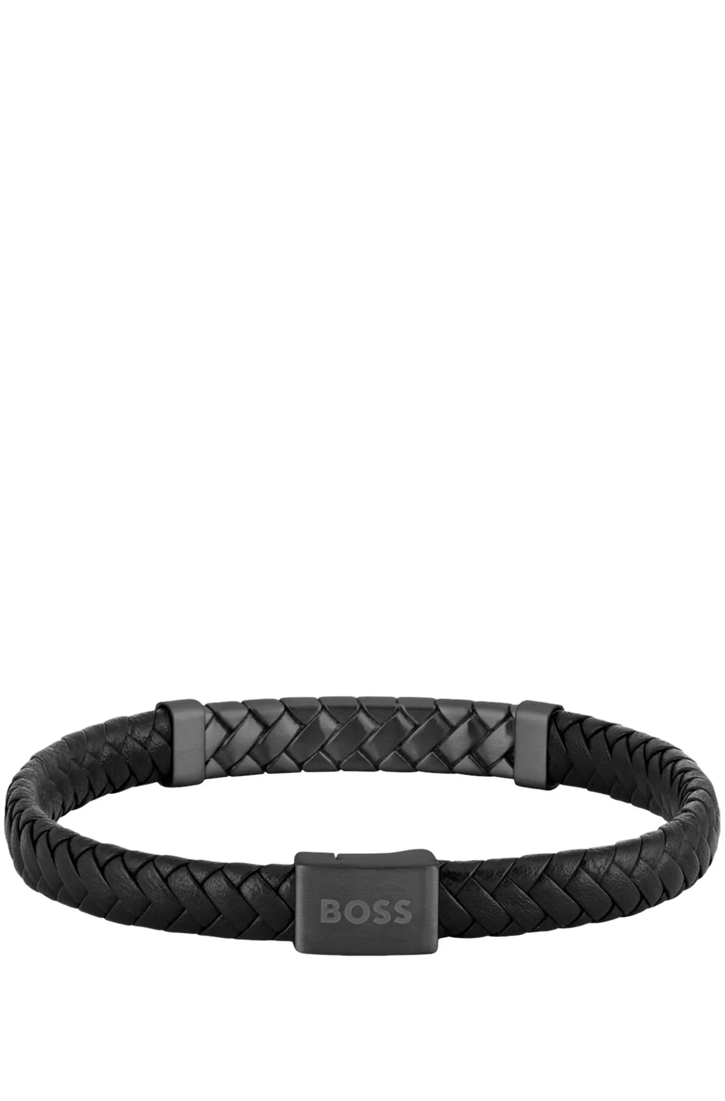 Schwarzes Armband aus geflochtenem Leder mit Fischgrätmuster auf dem Metall-Detail