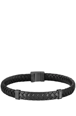 Schwarzes Armband aus geflochtenem Leder mit Fischgrätmuster auf dem Metall-Detail