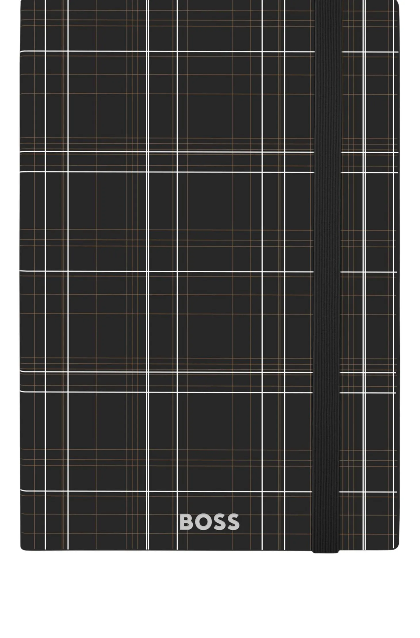 Schwarzes DIN-A5-Notizbuch mit Karo-Print und silberfarbenem Folien-Logo