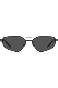 Schwarze Sonnenbrille aus Metall mit ausgestanztem Logo