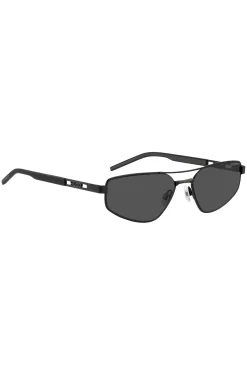 Schwarze Sonnenbrille aus Metall mit ausgestanztem Logo