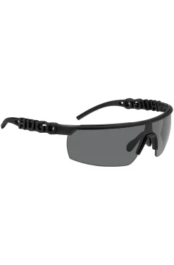Schwarze Sonnenbrille im Masken-Stil mit 3D-Logo auf den Bügeln