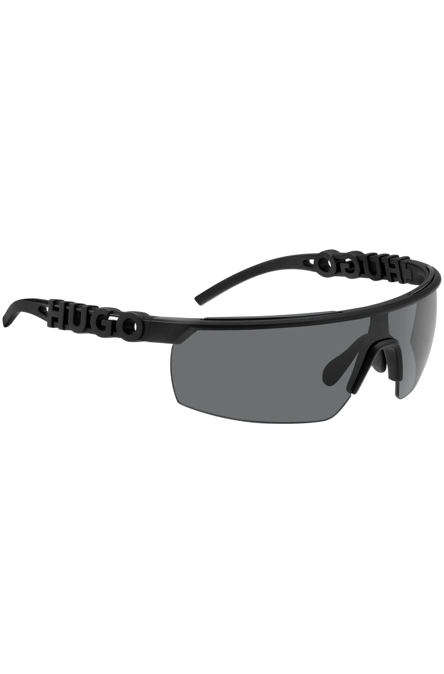 Schwarze Sonnenbrille im Masken-Stil mit 3D-Logo auf den Bügeln