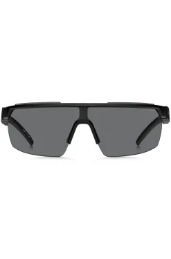 Schwarze Sonnenbrille im Masken-Stil mit 3D-Logo auf den Bügeln