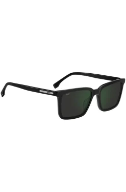 Schwarze Sonnenbrille mit gravierter Logo-Plakette