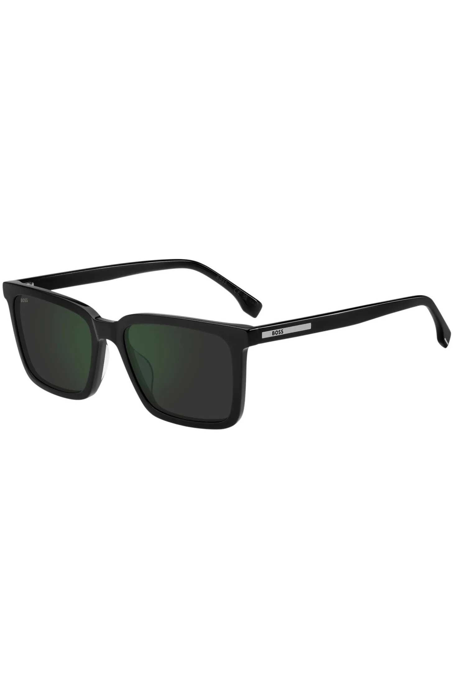 Schwarze Sonnenbrille mit gravierter Logo-Plakette