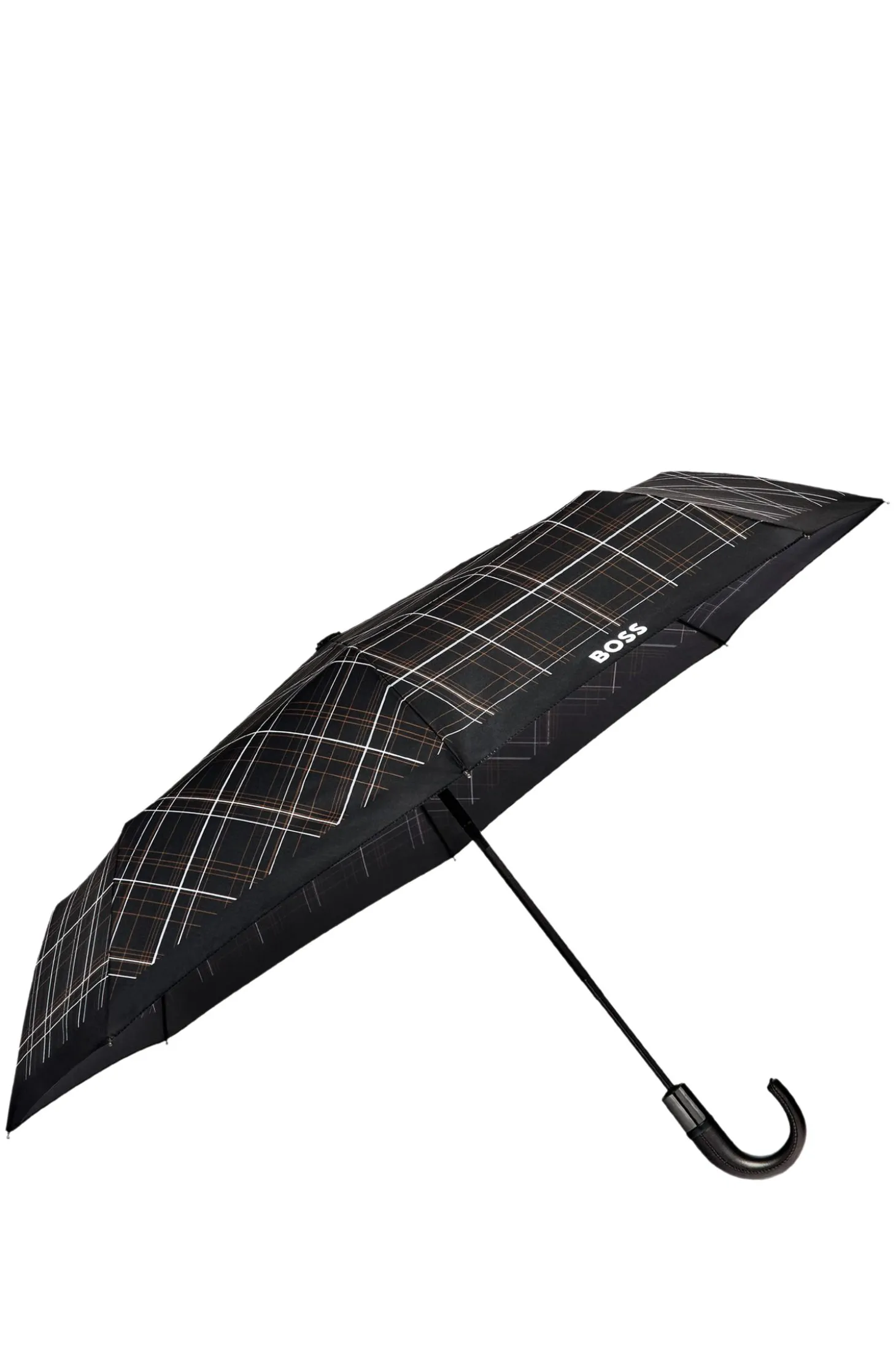 Schwarz karierter Taschenschirm mit Griff aus Kunstleder