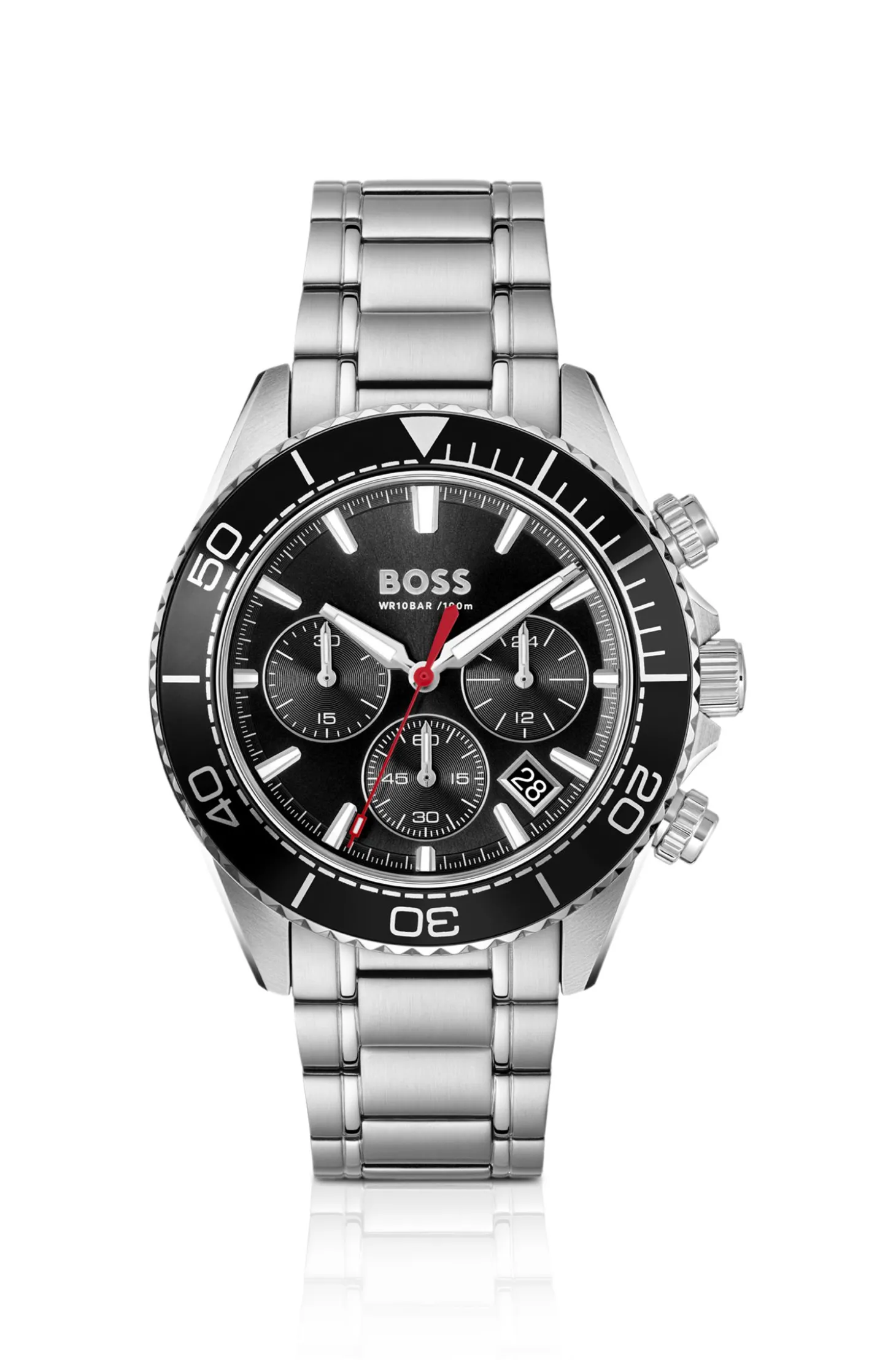 Sealiner Uhr mit schwarzem Zifferblatt und rotierender Tachymeter-Lünette