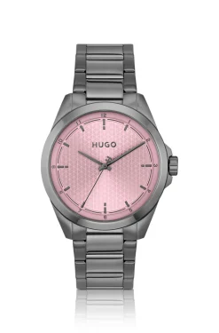 Seam Grau beschichtete Uhr mit pinkfarbenem strukturiertem Zifferblatt