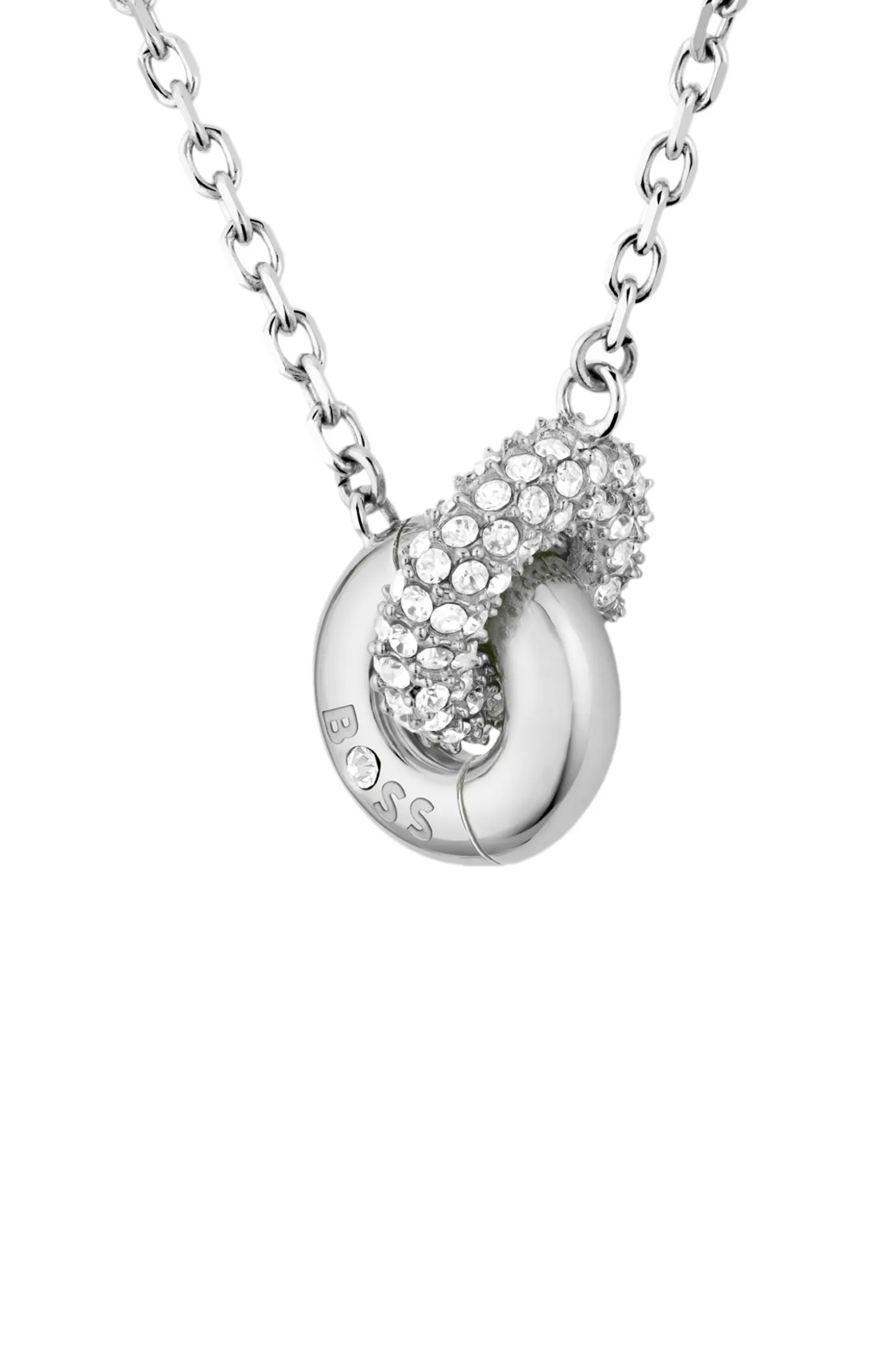 Silberfarbene Halskette mit verschlungenen Ringen und Pavé-Kristallen