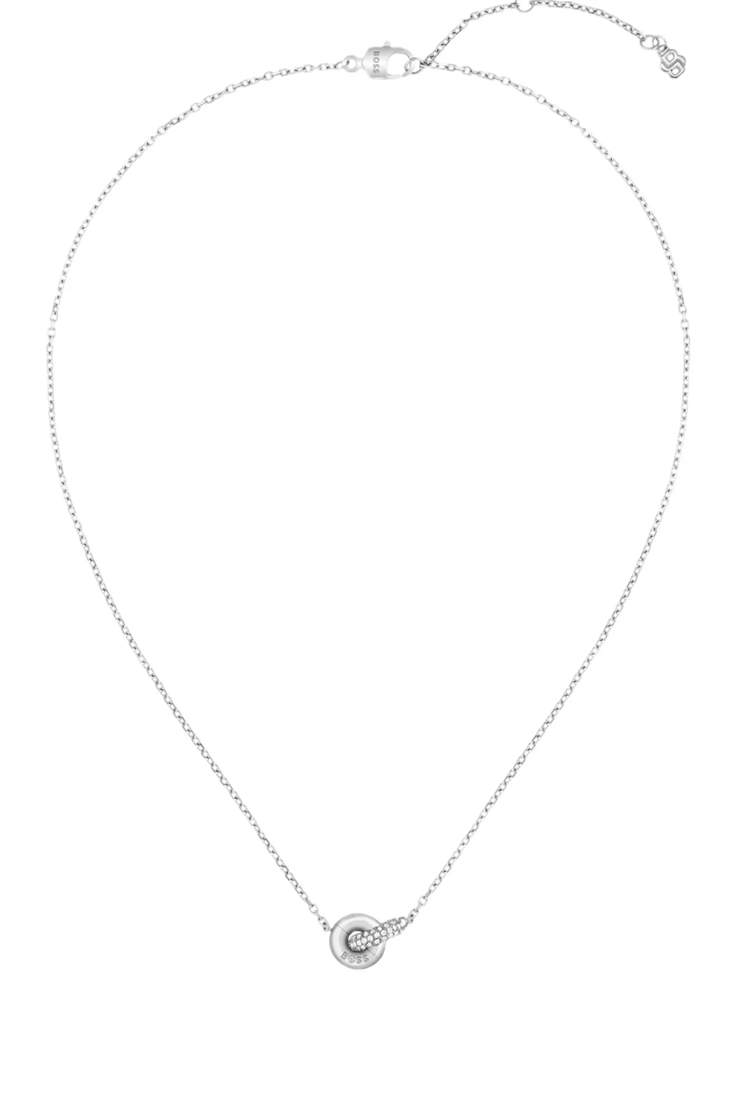 Silberfarbene Halskette mit verschlungenen Ringen und Pavé-Kristallen
