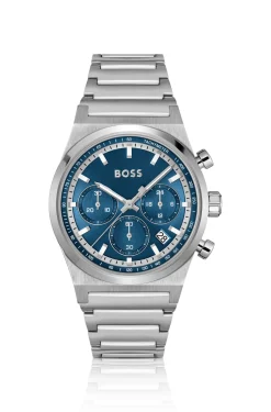 Silberfarbener Chronograph mit blauem Zifferblatt