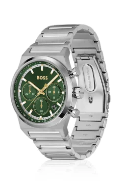 Silberfarbener Chronograph aus Edelstahl mit grünem Zifferblatt