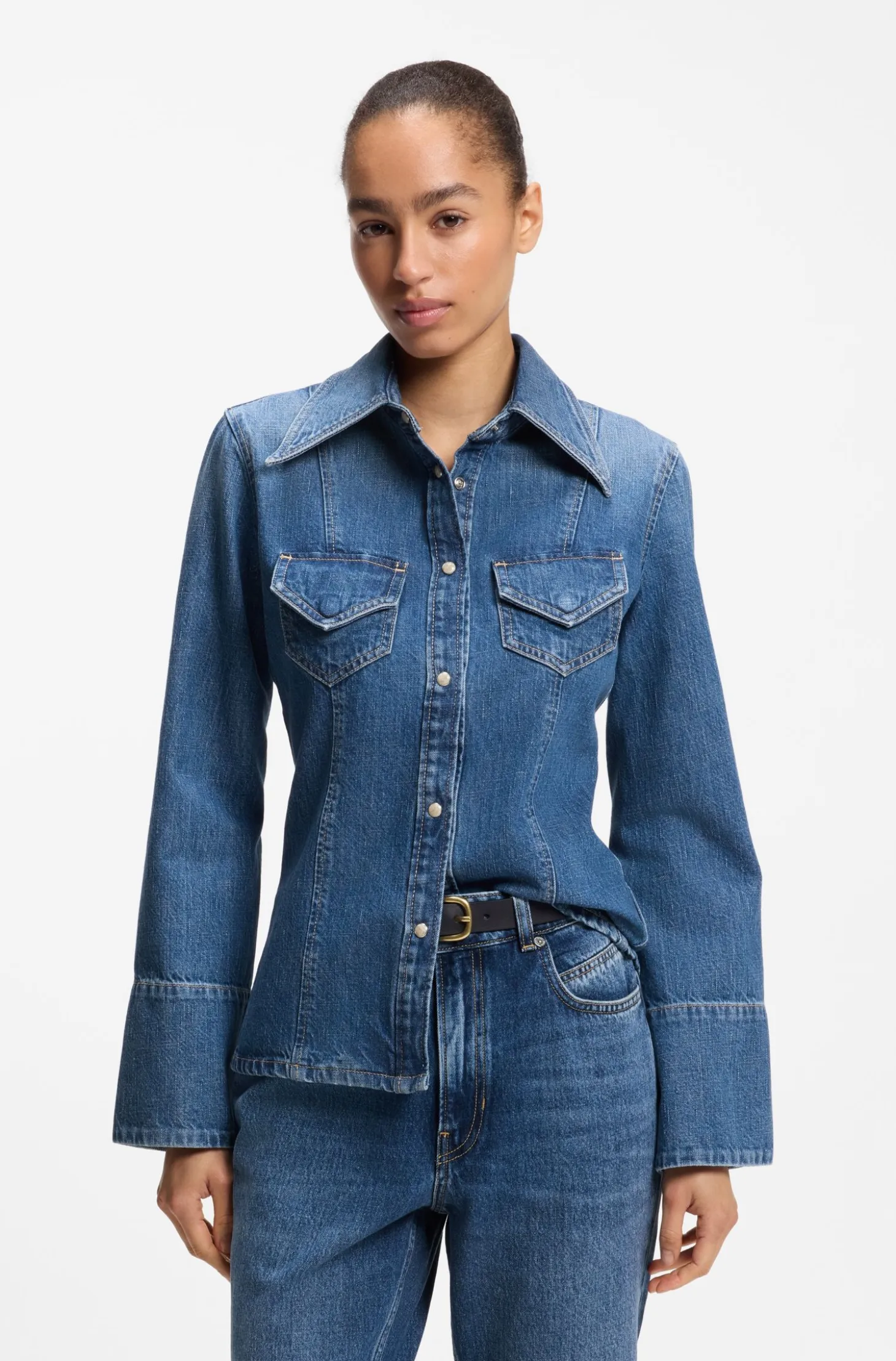 Slim-Fit Bluse aus festem Crosshatch-Denim