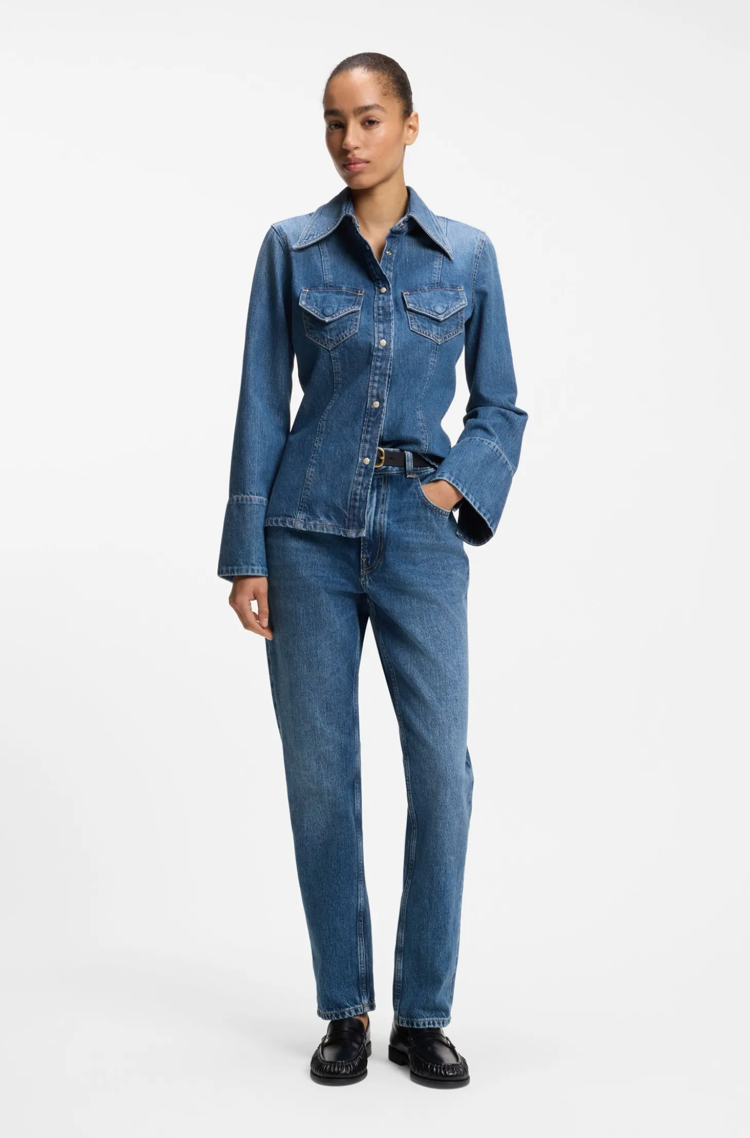 Slim-Fit Bluse aus festem Crosshatch-Denim