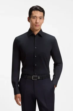 Slim-Fit Hemd aus elastischer Baumwoll-Popeline mit bügelleichtem Finish