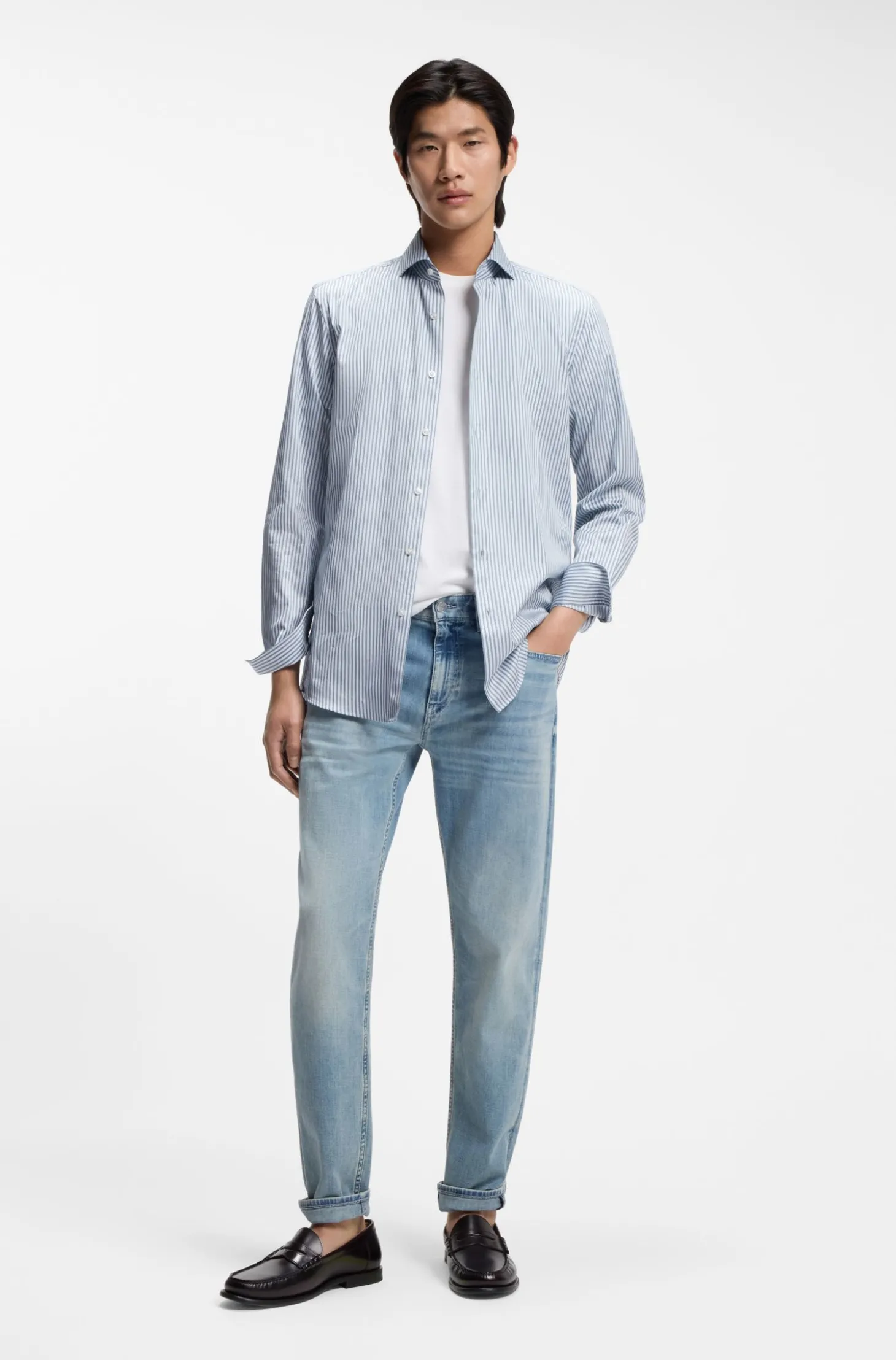 Slim-Fit Hemd aus in Italien gefertigtem, gestreiftem Baumwoll-Twill