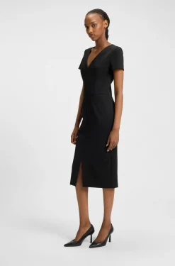 Slim-Fit Midikleid aus Stretch-Gewebe mit V-Ausschnitt