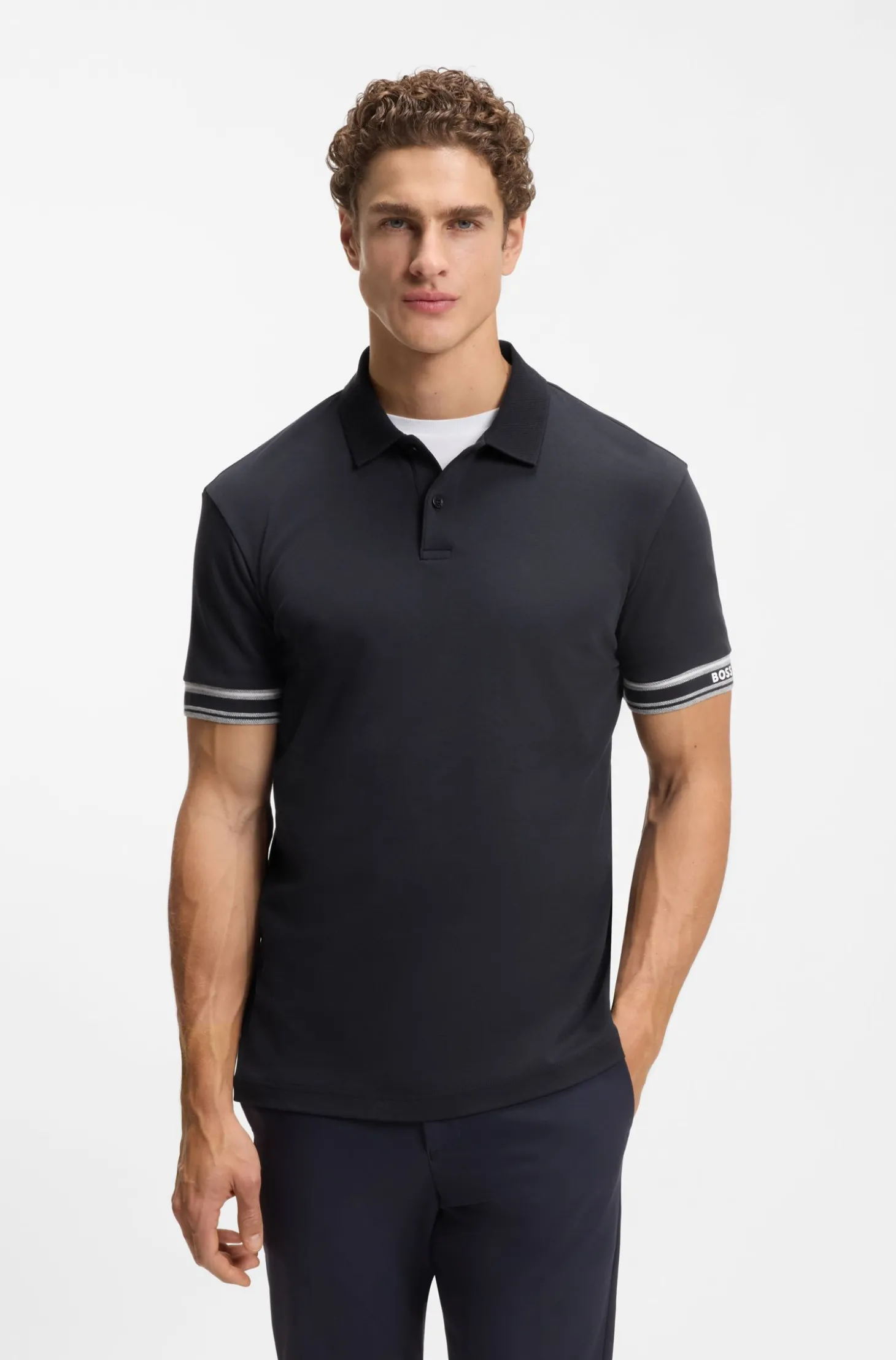 Slim-Fit Poloshirt aus Baumwolle mit gestreiften Ärmelbündchen