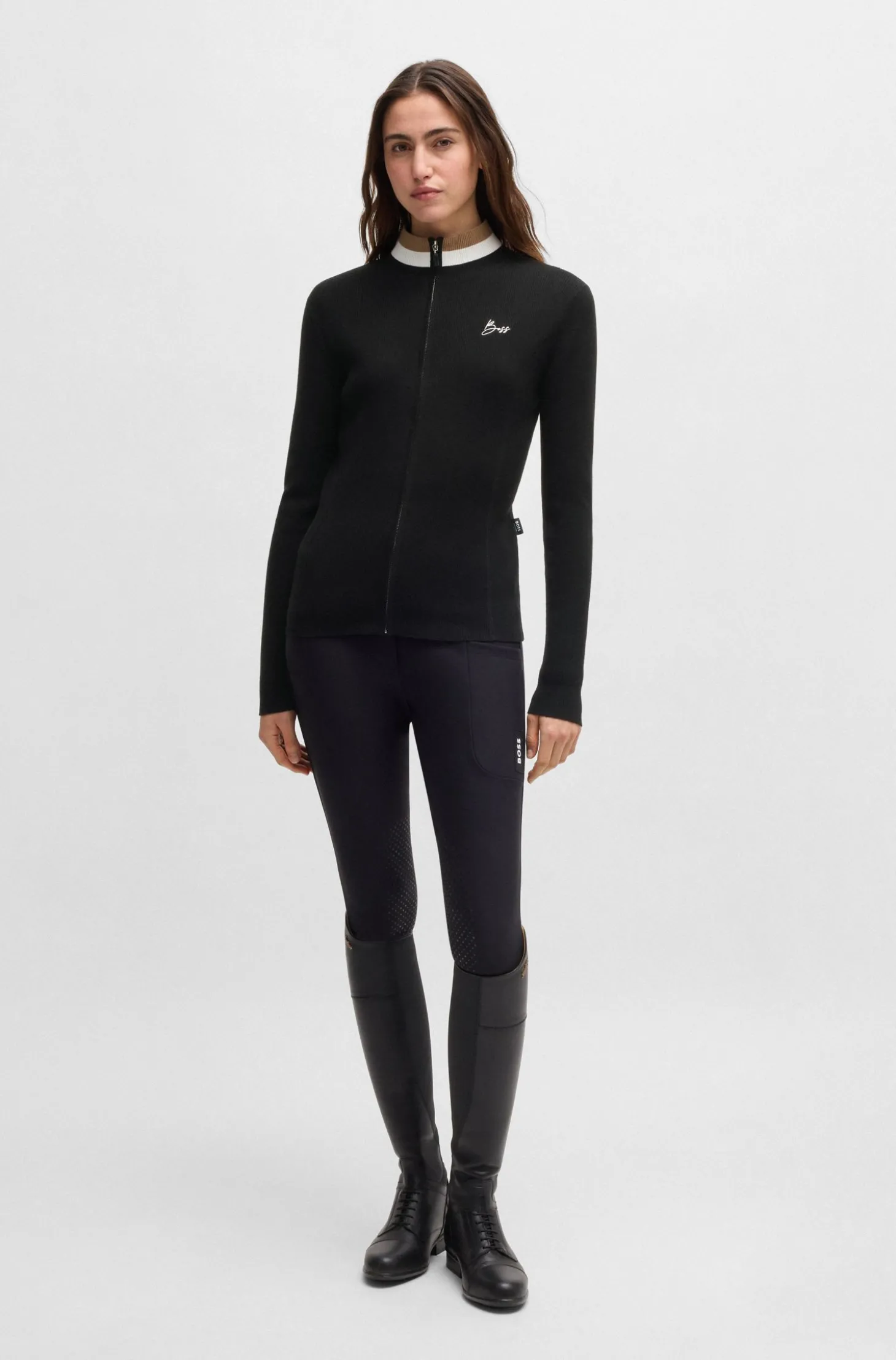 Slim-Fit Reitsport-Strickjacke mit Rippstruktur
