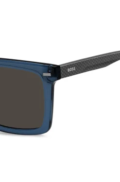 Sonnenbrille aus blauem Acetat mit gemusterten Carbonfaser-Bügeln