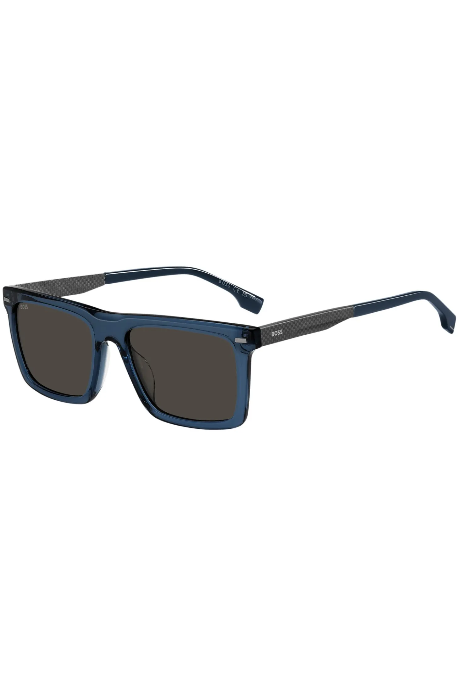 Sonnenbrille aus blauem Acetat mit gemusterten Carbonfaser-Bügeln