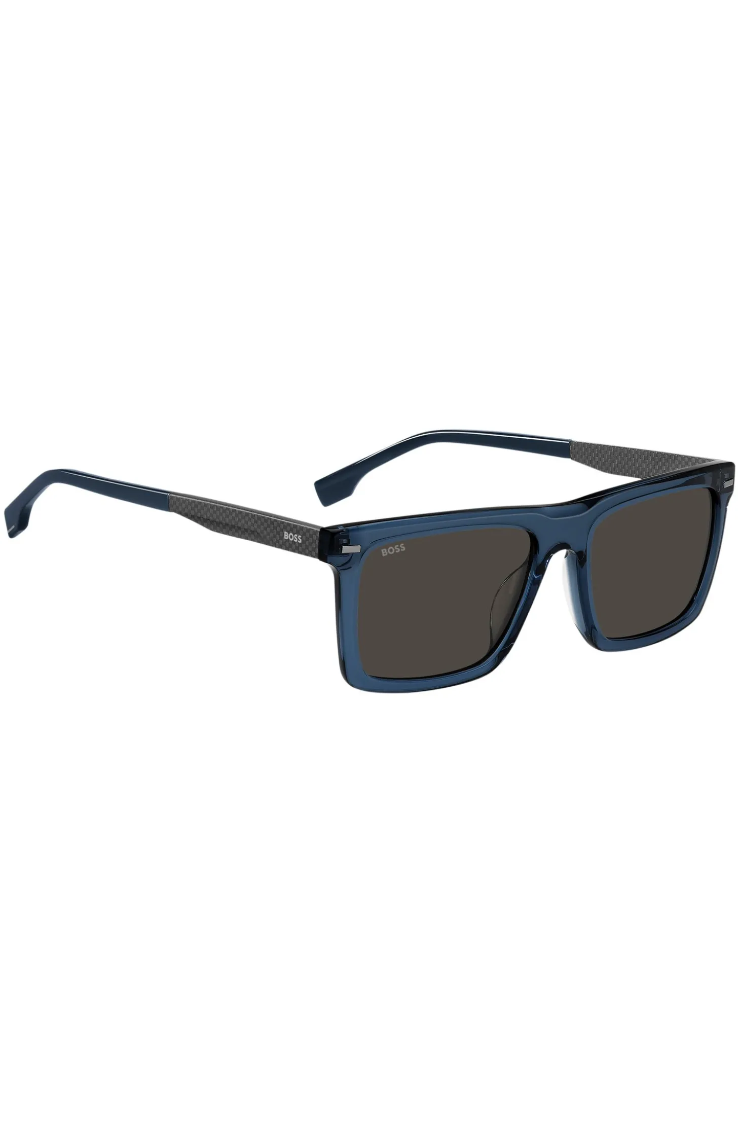 Sonnenbrille aus blauem Acetat mit gemusterten Carbonfaser-Bügeln