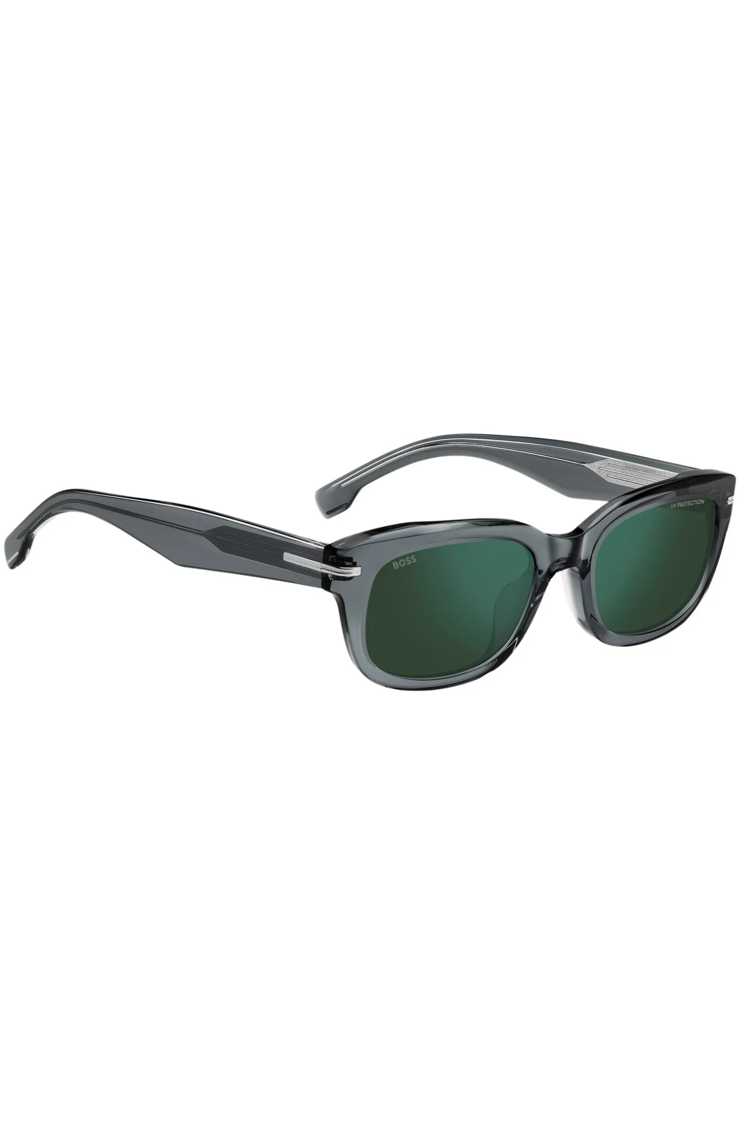 Sonnenbrille aus grauem Acetat mit grünen Gläsern