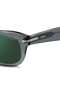 Sonnenbrille aus grauem Acetat mit grünen Gläsern