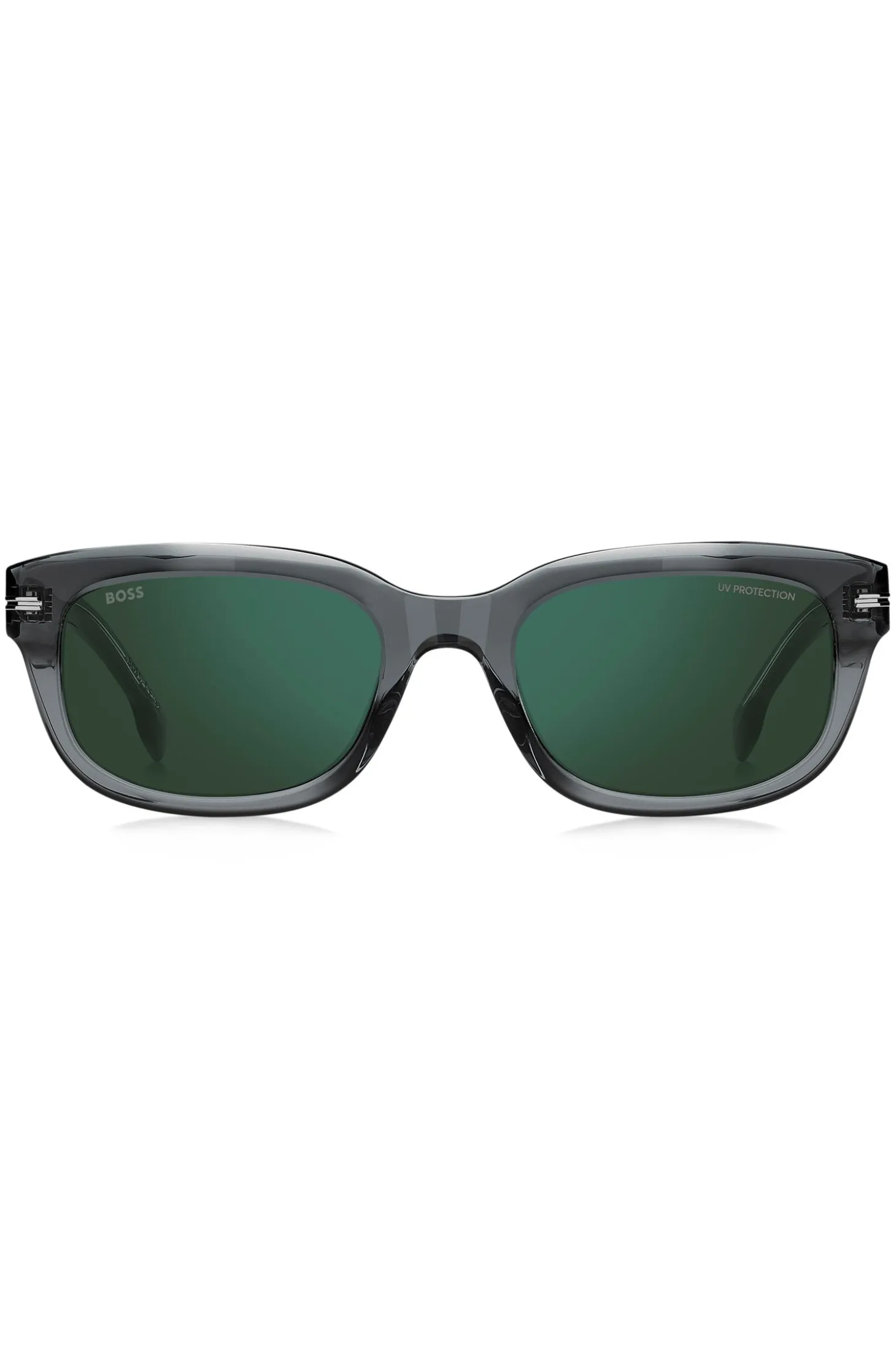 Sonnenbrille aus grauem Acetat mit grünen Gläsern