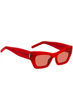 Sonnenbrille aus rotem Acetat mit charakteristischen Metalldetails