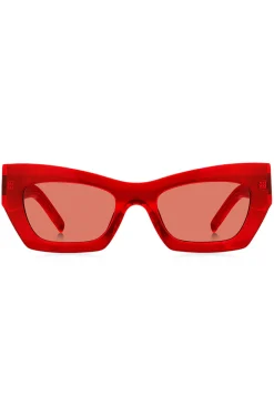 Sonnenbrille aus rotem Acetat mit charakteristischen Metalldetails
