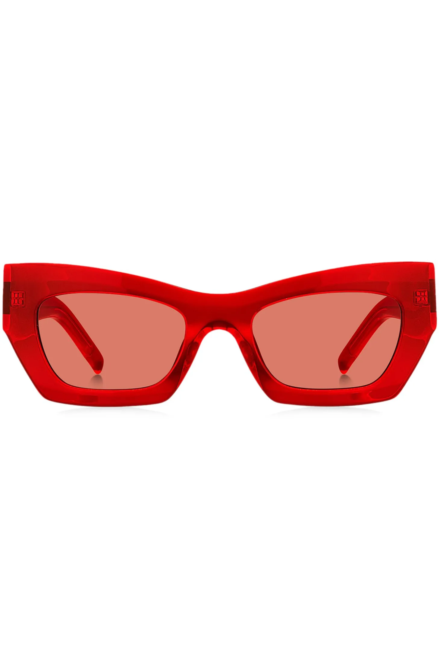 Sonnenbrille aus rotem Acetat mit charakteristischen Metalldetails