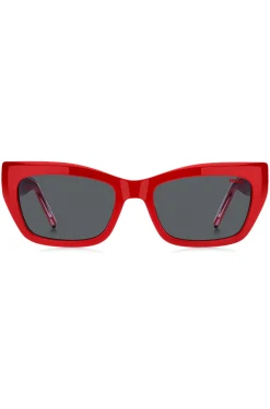 Sonnenbrille aus rotem Acetat mit mehrlagigen Bügeln