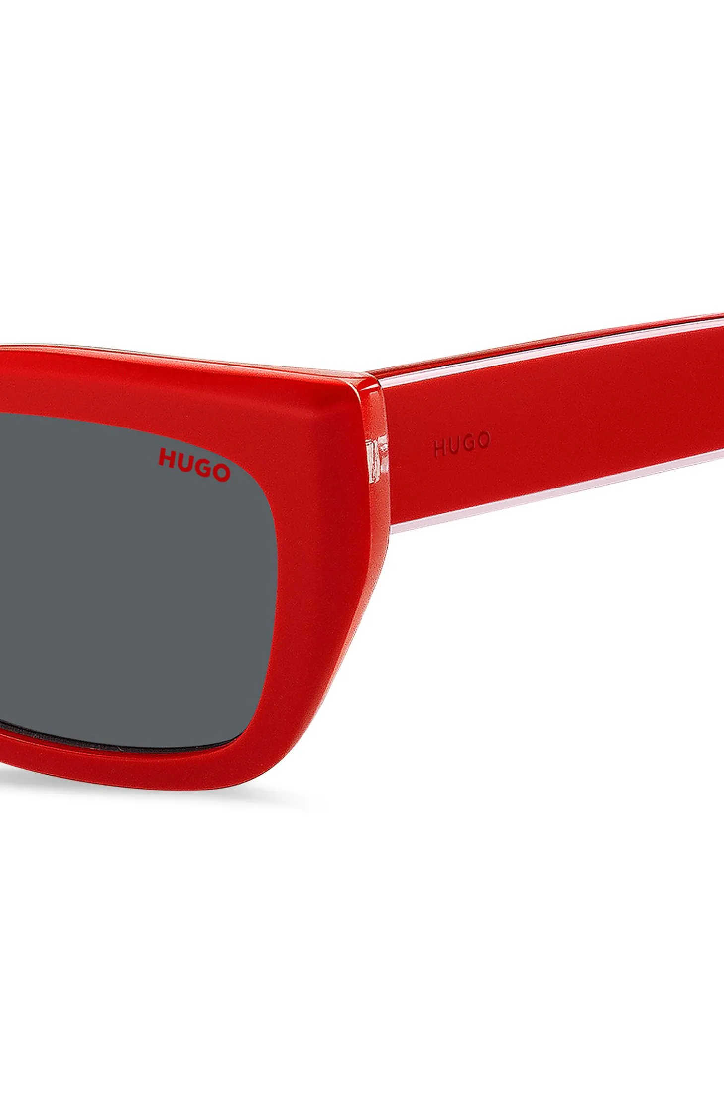 Sonnenbrille aus rotem Acetat mit mehrlagigen Bügeln