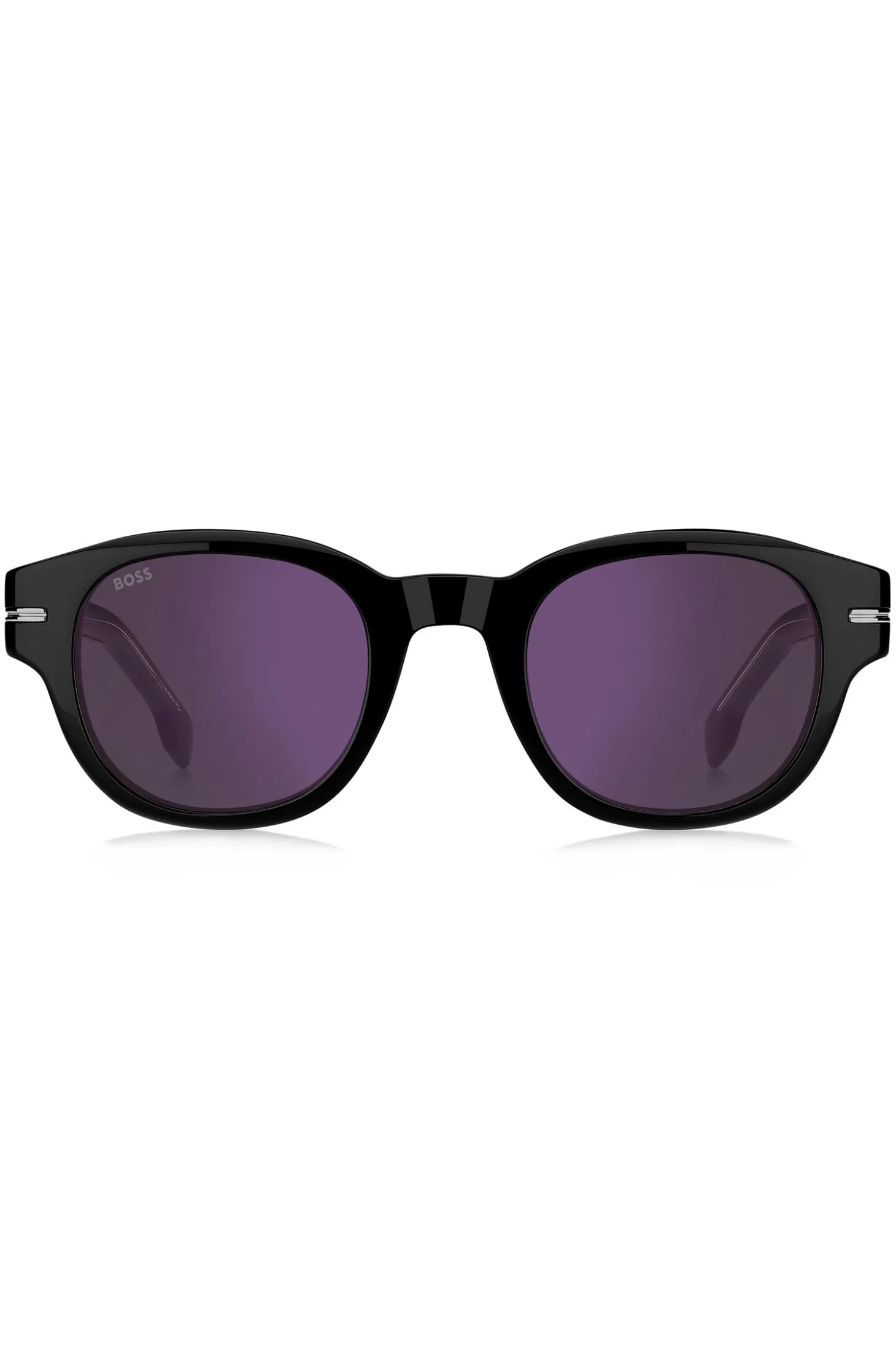 Sonnenbrille aus schwarzem Acetat mit violetten Gläsern