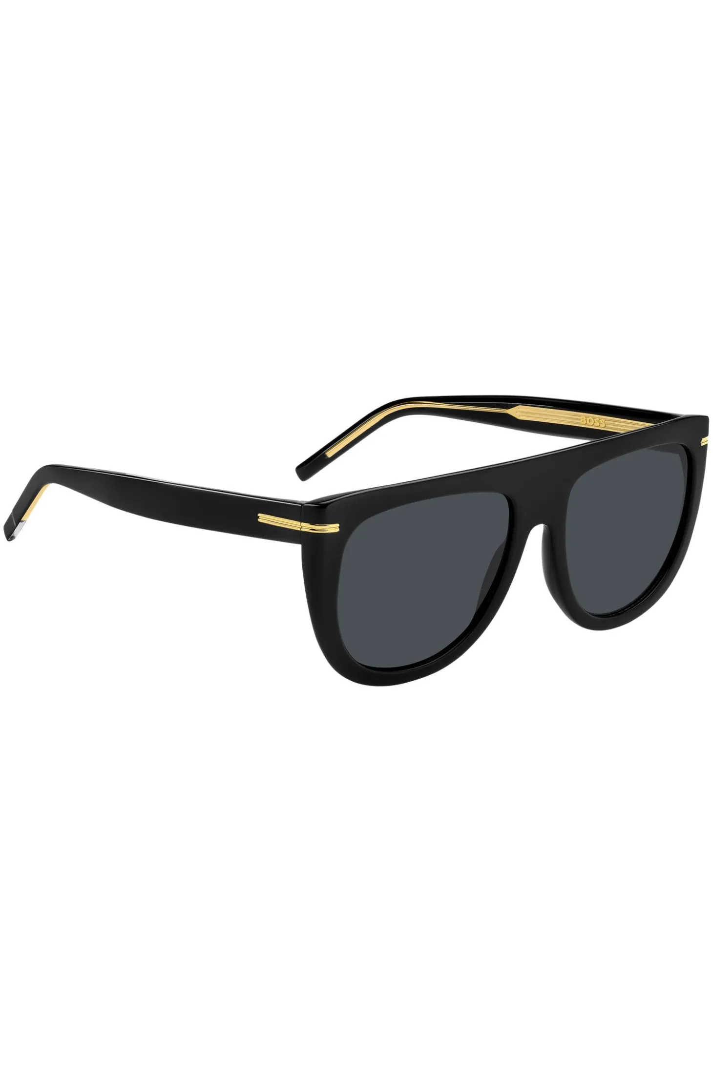 Sonnenbrille aus schwarzem Acetat mit goldfarbenen Metalldetails