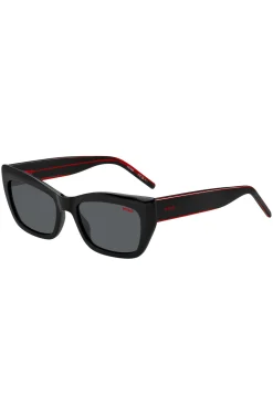Sonnenbrille aus schwarzem Acetat mit mehrlagigen Bügeln in Signature-Rot