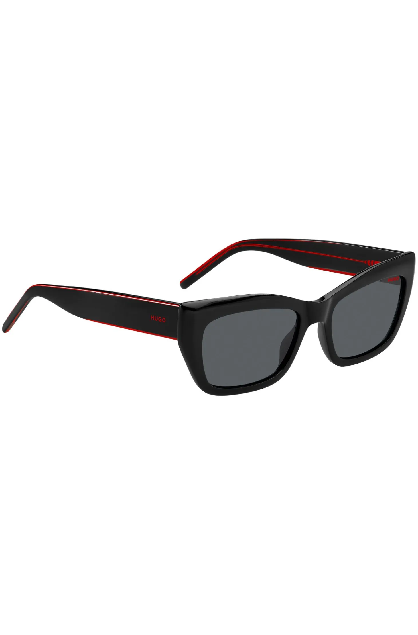 Sonnenbrille aus schwarzem Acetat mit mehrlagigen Bügeln in Signature-Rot