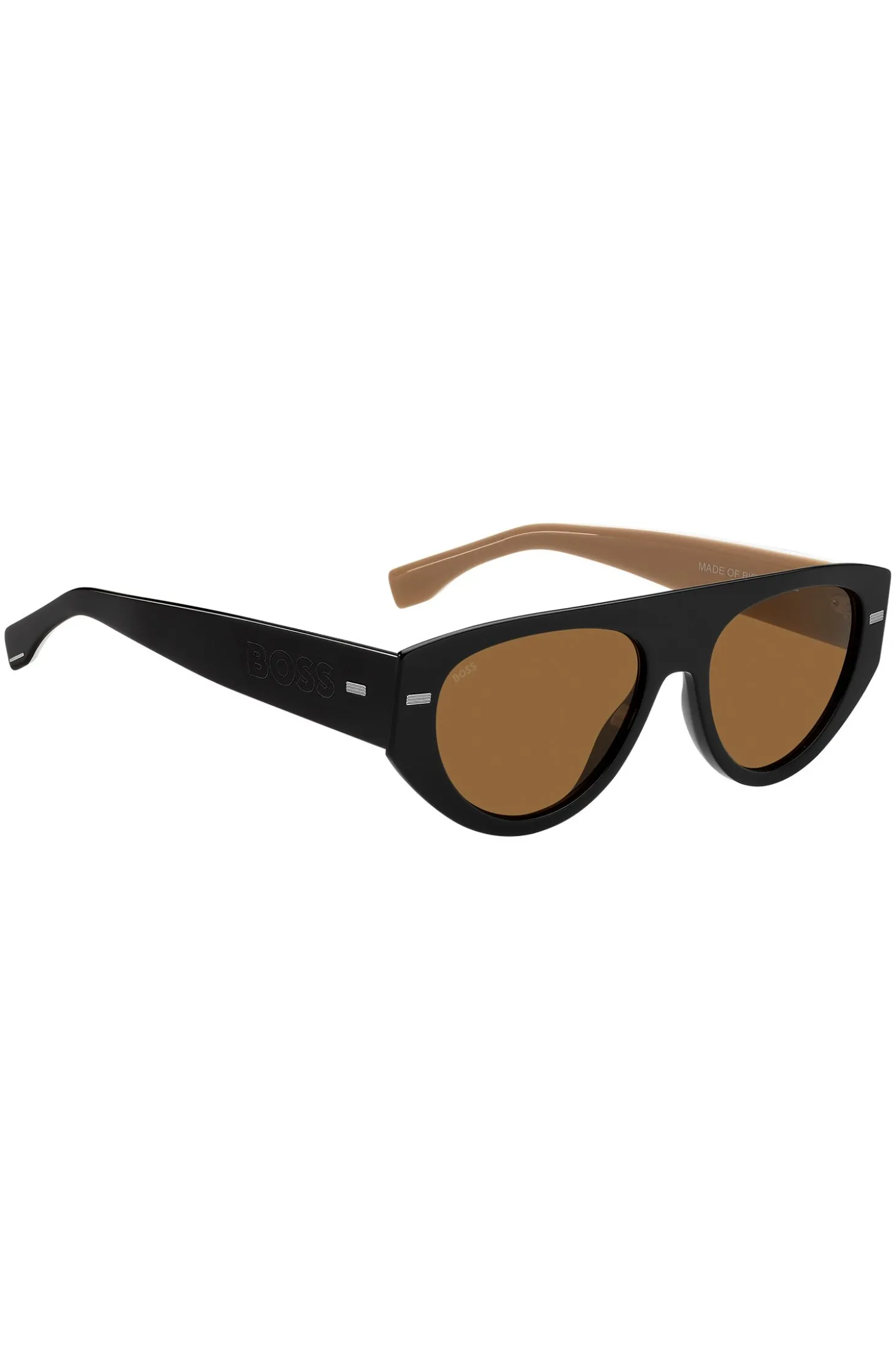 Sonnenbrille aus schwarzem Bio-Acetat mit gelaserten Logos auf den Bügeln