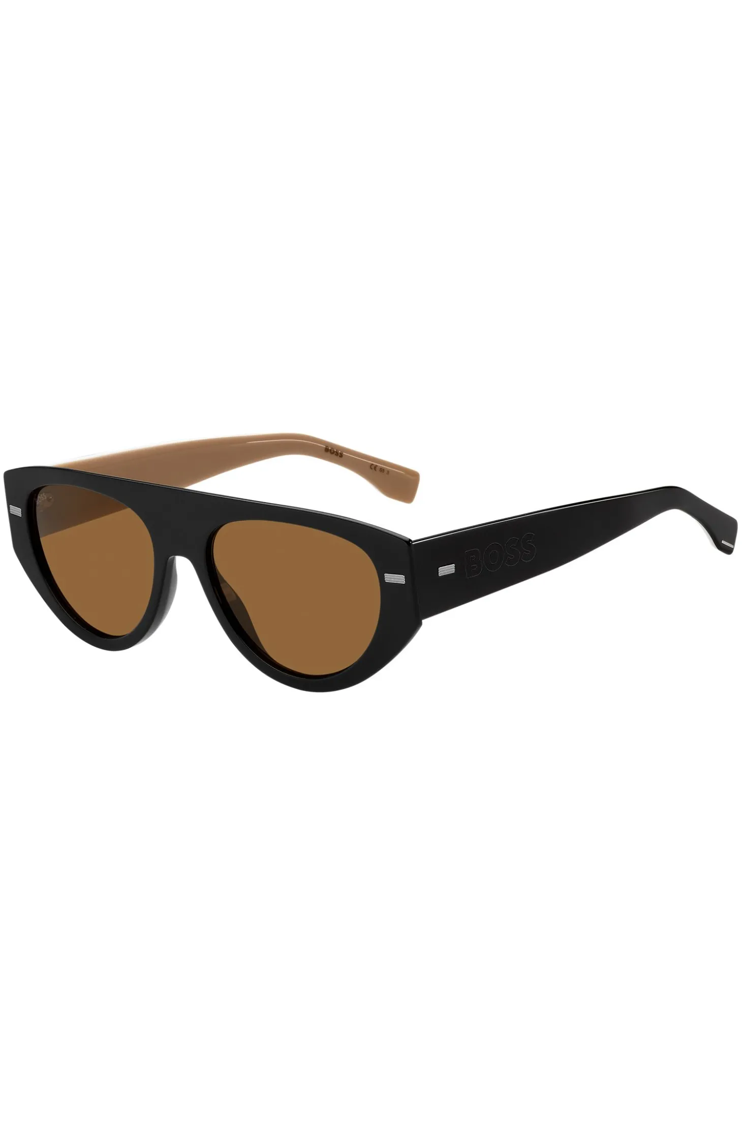 Sonnenbrille aus schwarzem Bio-Acetat mit gelaserten Logos auf den Bügeln